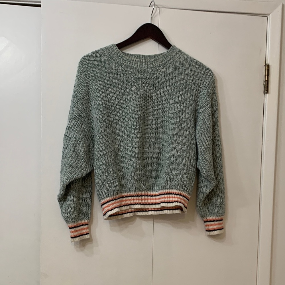 Express Green Sweater with Striped Hem